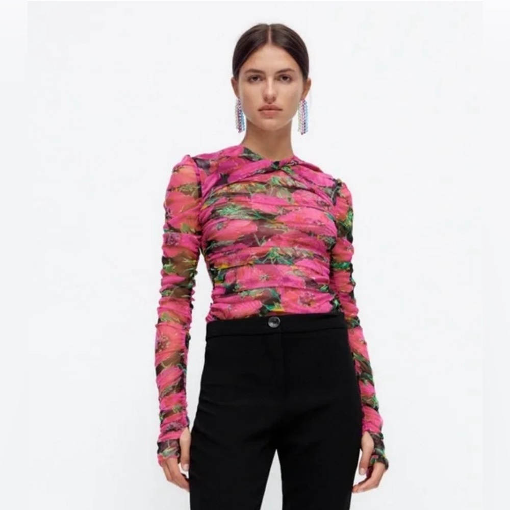ZARA Pink Floral Printed Draped Tulle Mesh Top Blouse XS Bloggers Favorite (NWT)